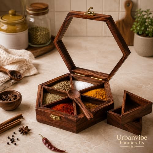 Image of Sheesham Wooden Table Top Masala Dabba Containers Jars & Kitchen Spice Box with Spoon Masala Box For Kitchen (Sheesham Wood, Removable Partitions, Brown), 50 Ml