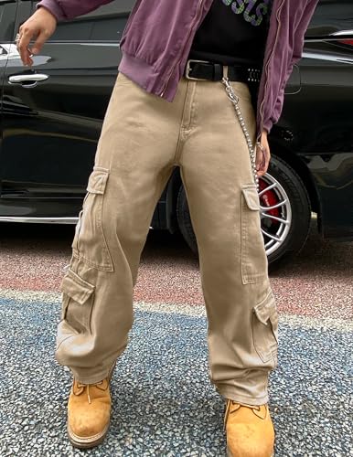 Mens Cotton Cargo Jeans Casual Loose Fit Pants Wide Leg Trousers with Pockets4