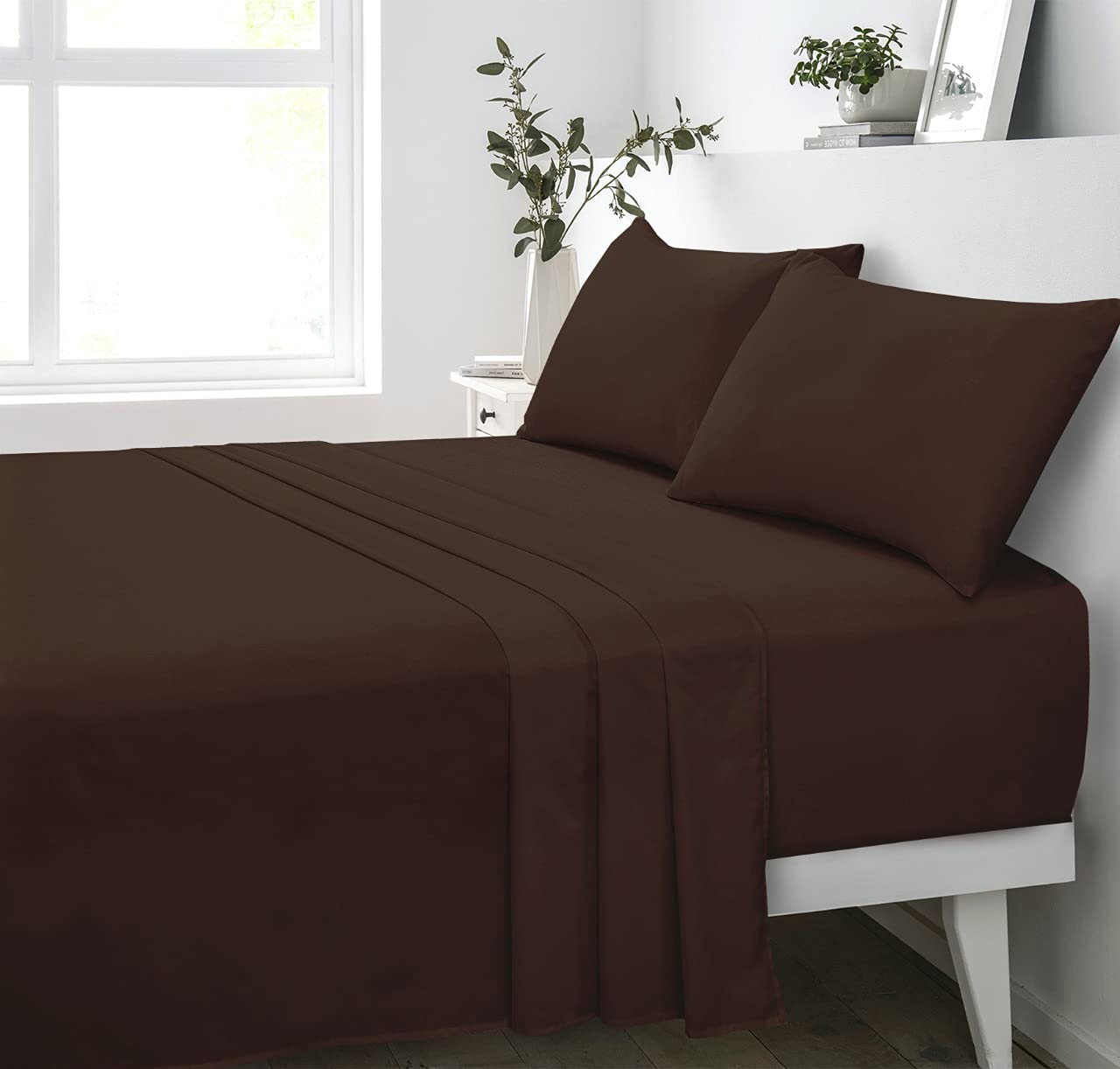 180 Thread Count 100% Pure Cotton Percale Flat Sheet (Chocolate, Single: 175x248cm)