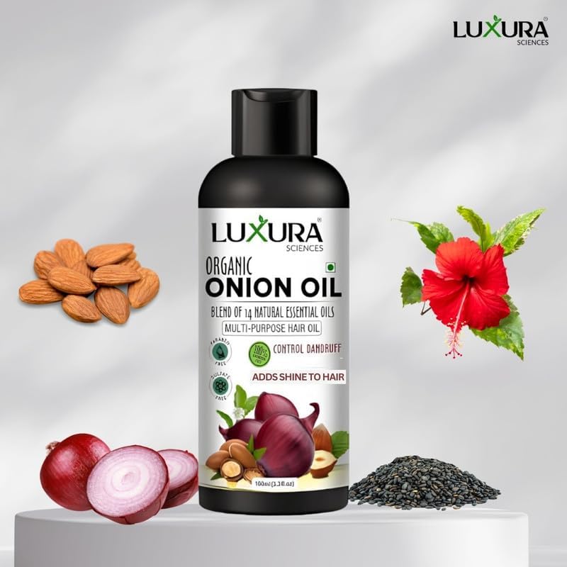 Image of Luxura Sciences Onion Hair Oil 100ML with 14 Essential Oils | Argan, Bhringraj, Hibiscus, Amla, Sesame & More | Nourishes, Strengthens & Enhances Hair Health & Shine
