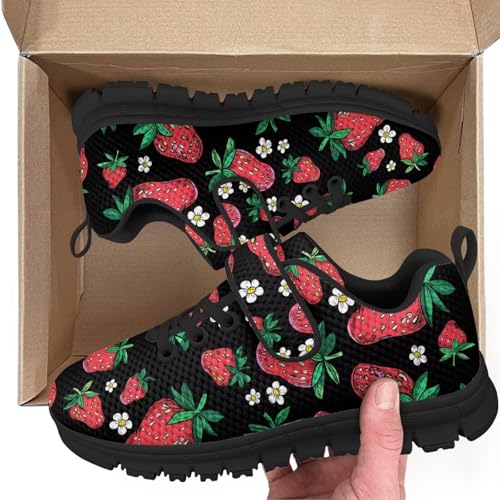Kids Sneakers for Boys Girls Running Tennis Shoes Lightweight Breathable Sport Athletic Red Strawberry Floral Pattern（Black Sole）2