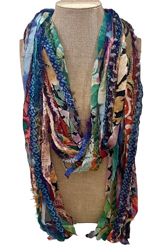 Women’s Handmade Multi Strand Recycled Shredded Fabric and Yarn Cowl Rope Scarf