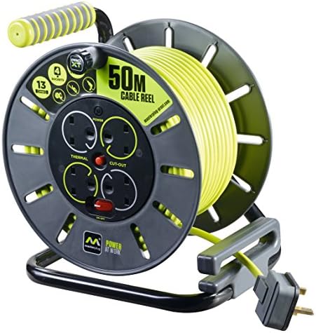 Masterplug OLU50134SL-PX Pro-XT Four Socket Open Cable Reel Extension Lead with Winding Handle, Thermal Cut Out and Power Switch, 50 Metres High Visibility Cable, Green