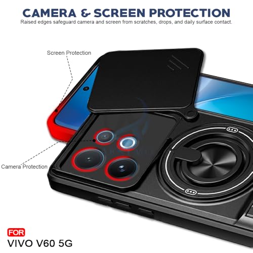 Image of AESTMO Vivo V60 / V60E / T4 Pro 5G Back Cover | Armor Camera Slider 360 Degree Rotating Finger Ring Holder Case with Bracket Stand Back Case Cover (Compatible with MagSafe Accessories) (Black)
