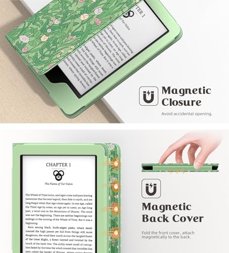 Image of MoKo Case for All-new 6 inch Kindle(11th Generation, 2024 /2022 Release) /(10th Gen,2019) /Kindle(8th Gen, 2016), Ultra Lightweight PU Shell Cover with Auto Wake /Sleep for Kindle 2024, Green Flower