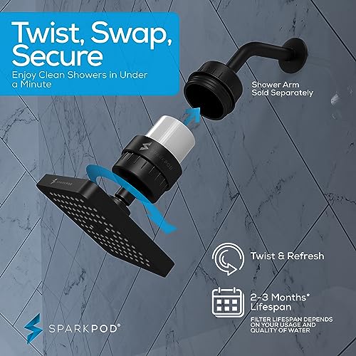 Image of SparkPod Filtered Shower Head, 23-Stage, 6 inch Square, Black Matte | Showerhead for Hard Water, High Pressure, Reduces Chlorine, Heavy Metals, For Dry Skin & Hair, Removable Capsule Filter