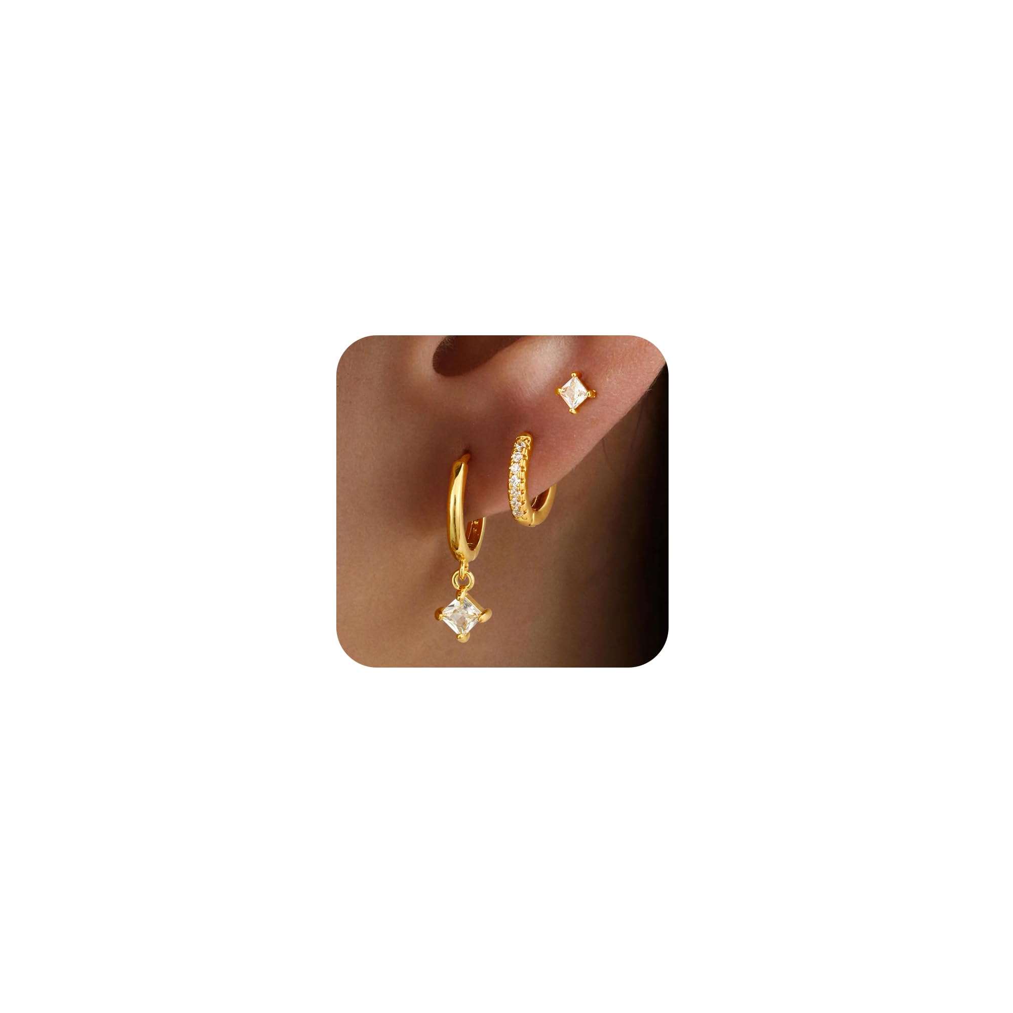 VIROMY Gold Stud Hoop Earrings Stacks for Women - 3 Earring Sets for 3 Holes Multiple Piercing Dainty