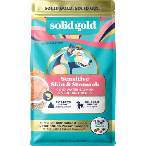 Solid Gold Salmon Dog Food for Sensitive Stomachs – Grain Free & Gluten Free Kibble w/Probiotics to Support Gut Health & Digestion - Sensitive Stomach Dog Food for All Ages – Nutrientboost™ – 22 LB