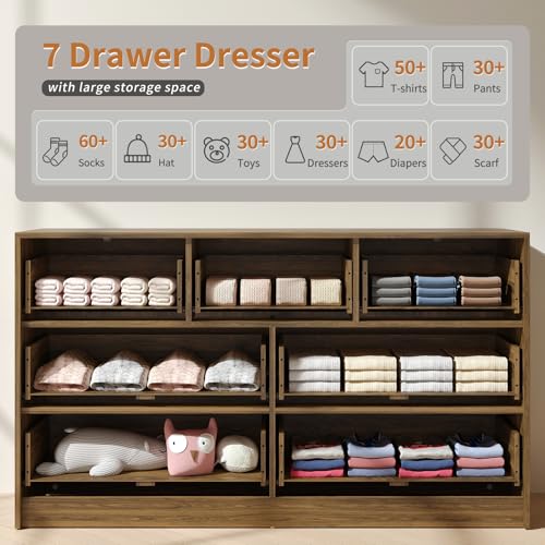 Image of Walnut Fluted 7 Drawer Dresser Bedroom,55 inch Wide Mid Century Wood Dresser with Gold Handles, Chest of Drawer Wooden TV Stand for Closet,Bedroom,Living Room,Walnut