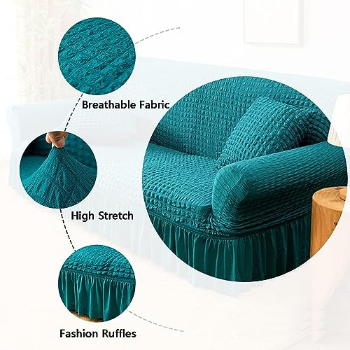 Image of House of Quirk Turkish Bubble Frill 280 GSM Sofa Slipcovers, Durable Washable Universal Double Seater High Elastic Furniture Protector (Teal, 145-185cm)