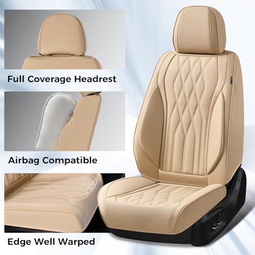 Image of Coverado Front Seat Covers, Car Seat Protector, Waterproof Nappa Leather Cushion, Fit for Most Sedans SUV Pick-up Truck-Beige