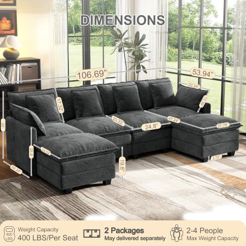 Image of 107 inch Cloud Couch Sectional Modular Sofa, Deep Seat Couches with Ottoman and Removable Washable Pillows for Living Room, Bedroom, Apartment, Black