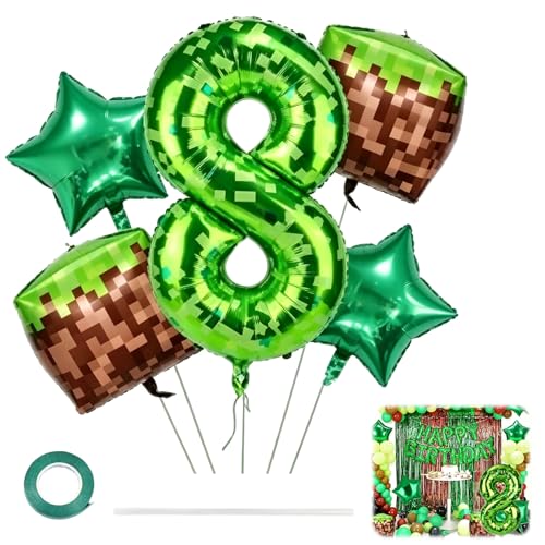 Conjunto de 5 balões de alumínio, balão número 8 e balões verdes pixel – tema pixel para festa de videojogos, conjunto coordenado para 8 anos