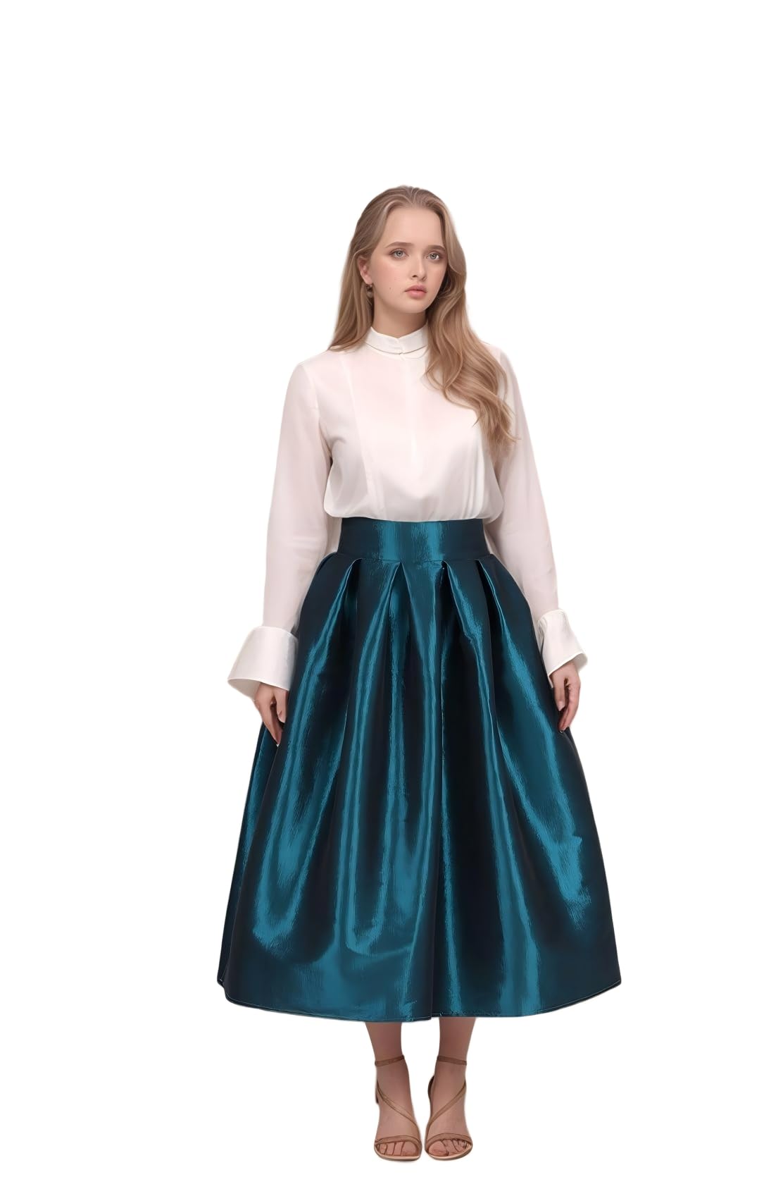 Womens Fashion High Waist A-Line Knee Length Taffeta Skirts with Pockets