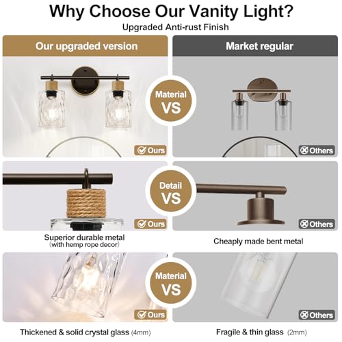 Image of MOKATNG Bathroom Light Fixtures, 2-Light Coastal Vanity Lights with Crystal Glass Shade, Brown and Gold Bathroom Wall Lamp for Mirror Kitchen Hallway Cabinet