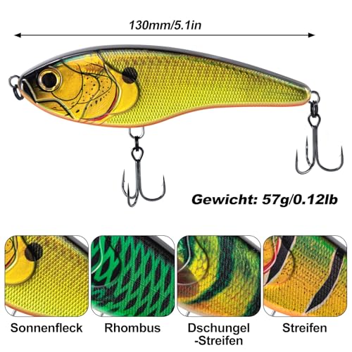 Dr.Fish Pike Fishing Lure Jerkbait Wobbler 130mm/57g Slow Sinking Glide Bait for Predator Fish with Loud Rattle - Jungle Stripes - Image 2