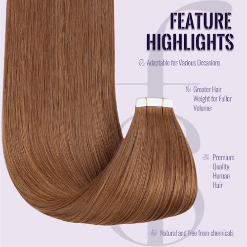Fshine Tape in Hair Extensions Human Hair Copper Red Remy Human Hair Extensions Tapes Dark Auburn Brown, Seamless Adhesion - Image 3