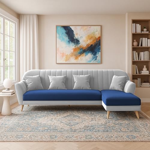 Image of Atticus RHS 6 Seater L Shape Sofa Set for Living Room (Blue Grey Fabric) Premium Fabric Sofa Set