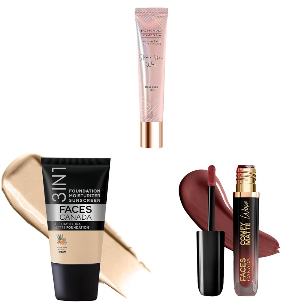 FACES CANADA Celeb Glow Combo | Strobe Cream - Rose Gold, 18ml + Hydra Matte Foundation - Absolute Ivory, 18ml + Comfy Matte Wow - Cocoa Crush, 3.8ml | Highlighter | Highly Pigmented | Pack of 3-picture-38