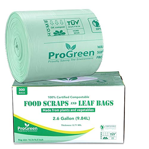 ProGreen 100% Compostable Bags 2.6 Gallon, 300 Count, Extra Thick 0.71 Mil, Small Compost Kitchen Trash Bags, Food Scraps Yard Waste Bags, Compost ASTM D6400 BPI and TUV Austria Certified