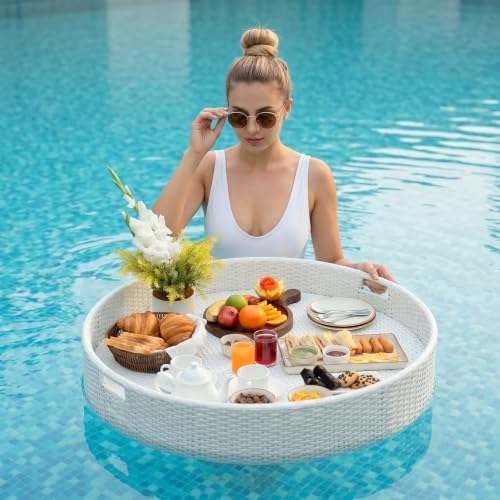 Image of BRISHI Luxury Floating Serving Tray | Swimming Pool Floats for Adults for Sandbars, Spas, Bath, and Parties | Floating Tray for Pool Serving Drinks, Brunch, Food on The Water (White)