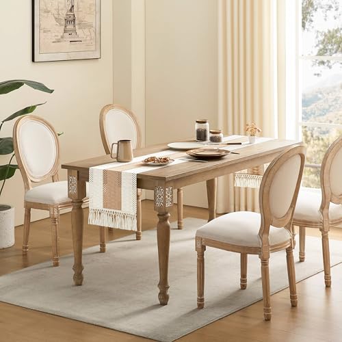 Image of ZeeMart Macrame Style Bicolor Stitching Table Runner, 14 x 48 Inch Beige /Ivory, Boho Light Tan Table Runners 48 Inches Long, Farmhouse Woven Home Decor