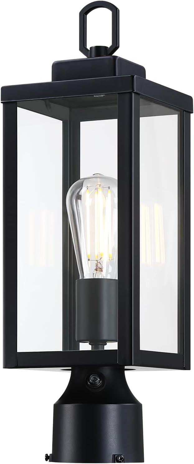Outdoor Post Lights, Modern Dusk to Dawn Pole Light Fixture, Exterior Post Lantern with Tempered Glass, Anti-Rust Metal Pole Lamp for Yard Driveway Patio Garden, Matte Black, 1-Pack