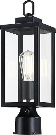 Outdoor Post Lights, Modern Dusk to Dawn Pole Light Fixture, Exterior Post Lantern with Tempered Glass, Anti-Rust Metal Pole Lamp for Yard Driveway Patio Garden, Matte Black, 1-Pack