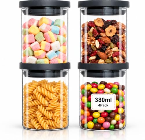 VINATO 4 Pezzi Barattoli Vetro Con Coperchio per Cucina - Set Ermetico in Borosilicato, Contenitori Cucina, BPA-Free, 380ml per Frutta Secca e Spezie