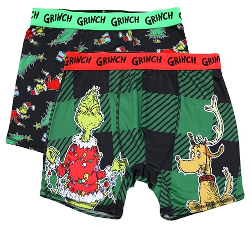 Handcraft Dr. Seuss The Grinch Boxers for Men, 2 Pack Grinch Underwear Boxer Briefs, Grinchmas Mens Underwear, Green Buffalo, S