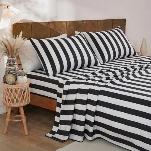 Image of Merryword 100% Cotton Sheet Set Full Size - Black and White Stripes Bedding, Soft Breathable Percale Weave, Wide Stripe Deep Pocket Sheet 17.5 inch, Luxury Linen Like, 4-Piece All Season Bedding