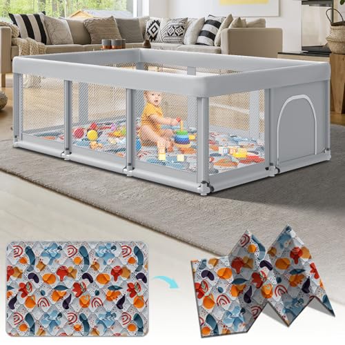 Image of Fshibila 74" ×50" Large Baby Playpen, Baby Playard for Babies and Toddlers, Play Pens for Indoor & Outdoor, Sturdy Safety Play Yard with Soft Breathable Mesh, Anti-Fall, Grey (with MAT)