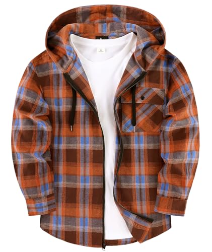 Hooded Flannel Shirt for Men Casual Zip Up Plaid Shirt Fall Stylish Long Sleeve Plaid Hoodie with Pocket