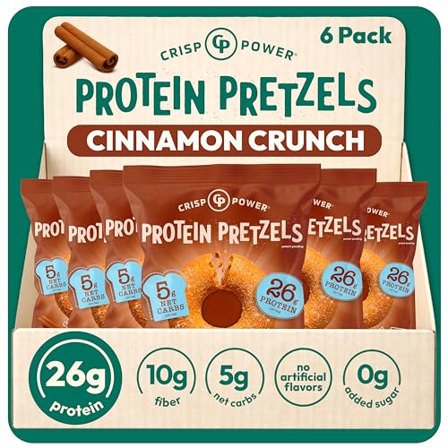 CRISP POWER Protein Pretzels NEW Cinnamon Crunch 26G Protein High Protein Snack High Fiber Low Carb Crunchy Pretzel Snacks No Added Sugar 1.75 oz Bags 6 Pack Vegan Keto