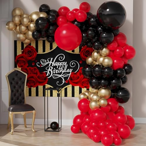 Image of 200 Pcs Black Red and Gold balloons 12 Inch Latex Metallic Chrome Balloon Arch Garland Kit for Birthday Wedding Bridal Baby Shower Supplies Graduation Party Decoration