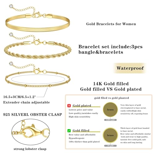 3Pcs 925 Sterling Silver Gold Bracelet for Women Ladies Gold Silver Bracelets Layered Link Chain Charm Bracelet Stackable Adjustable Beaded Bracelets for Womens2