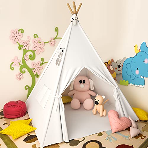 Teepee Tent for Kids Lesicpic Kids Play Tent with Mat & Egg Light String & Rabbit Doll Kids Tent Indoor Outdoor Raw White Teepee - Kids Playhouse - Portable Kids Tent for Kids Canvas Tent