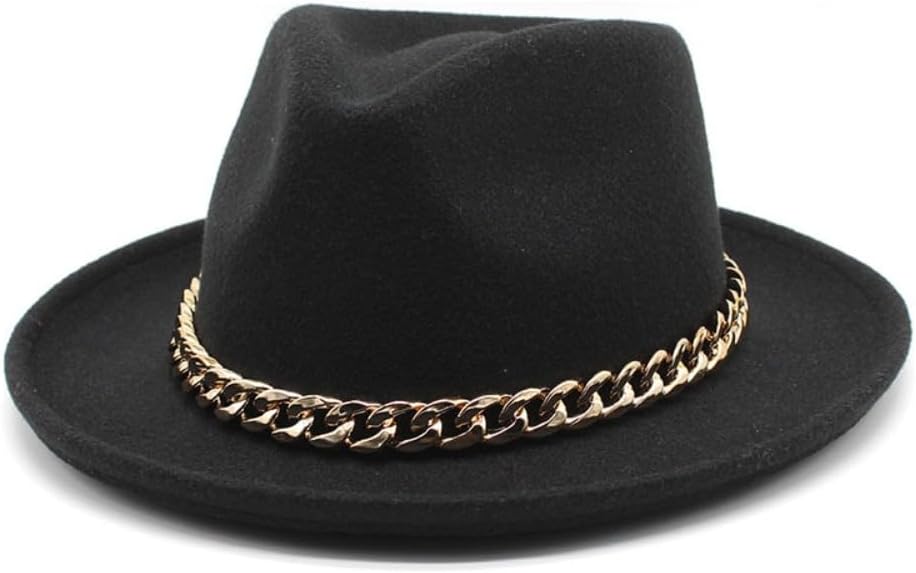 Classic Western Fedora Hat, Beige Felt with Gold Chain Band, Wide Brim