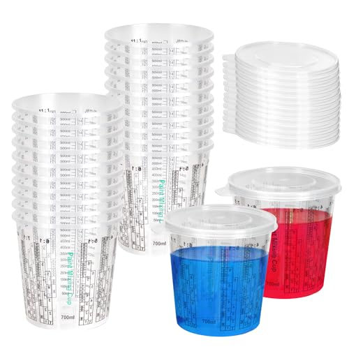 YKUKIZEE 20 Pcs 700 ml Paint Mixing Cups with 20 Lids, 24 oz Plastic Resin Measuring Cups with Scale, Clear Graduated Cup with Lid for Epoxy Pigment Liquids