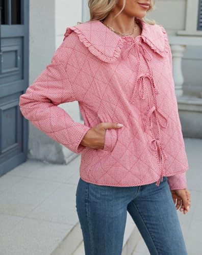 LifeShe Women Plaid Puffer Quilted Jacket Crop Tie Front Padded Coats Ruffled Lapel Collar Puffer Cardigan3