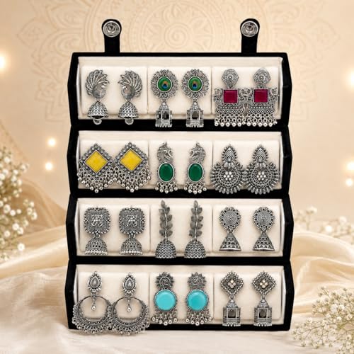 Image of Shining Diva Fashion 12 Pairs Oxidised Silver Earrings Set for Women with Jewellery Organisers Foldable Organizer Box | Traditional Afghani Stylish Jhumka Earring Gifts for Girls (17480er BOX1025)