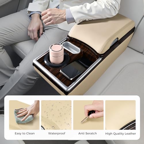 Image of Coverado Center Console, Universal Bench Seat Center Console, Truck Back Seat Car Organizer with Cup Holder, Rear Central Car Armrest Box with Storage, Beige