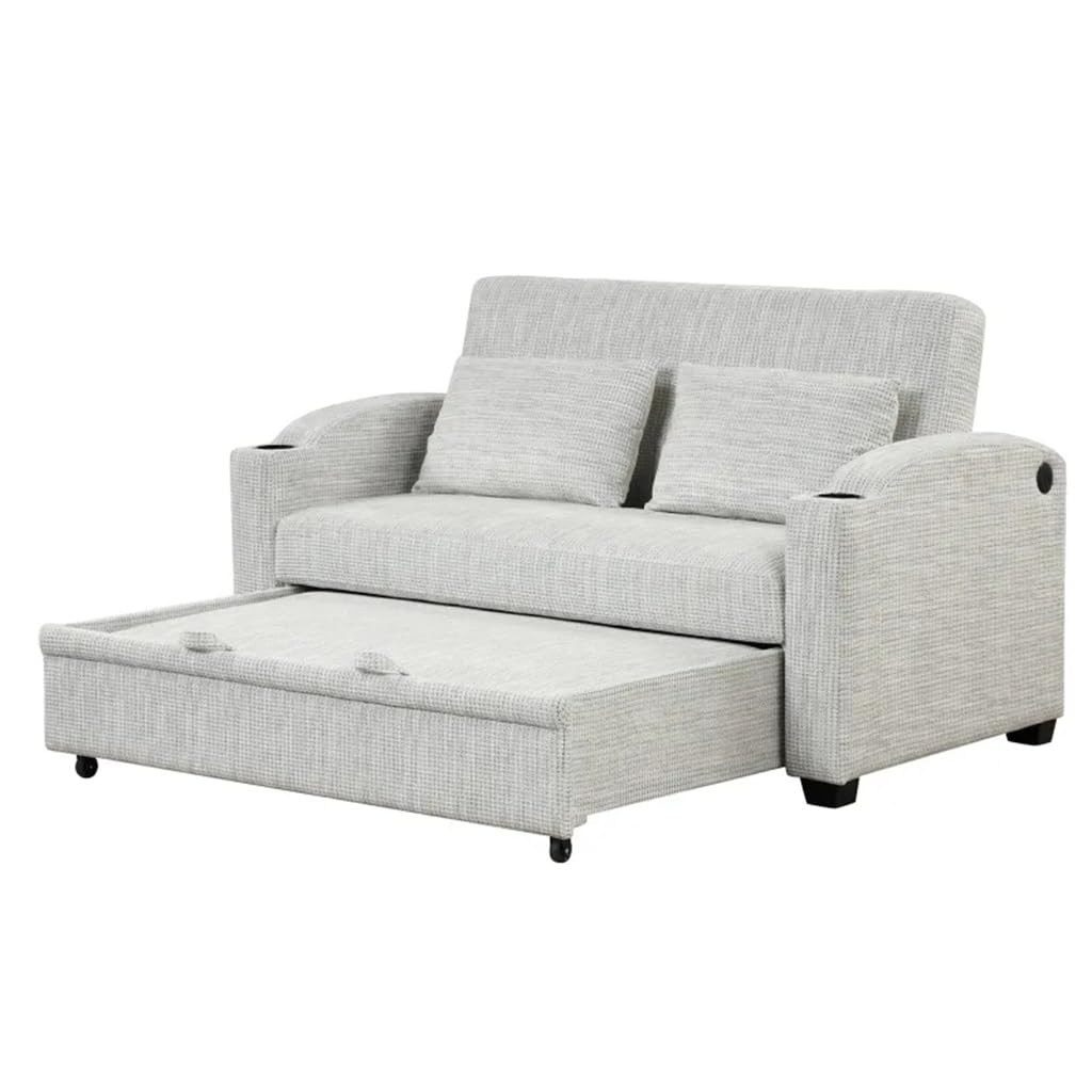 65 Pull Out Sofa Bed Chenille Convertible Loveseat Sofa with Adjsutable Backrest Cup Holders Portss