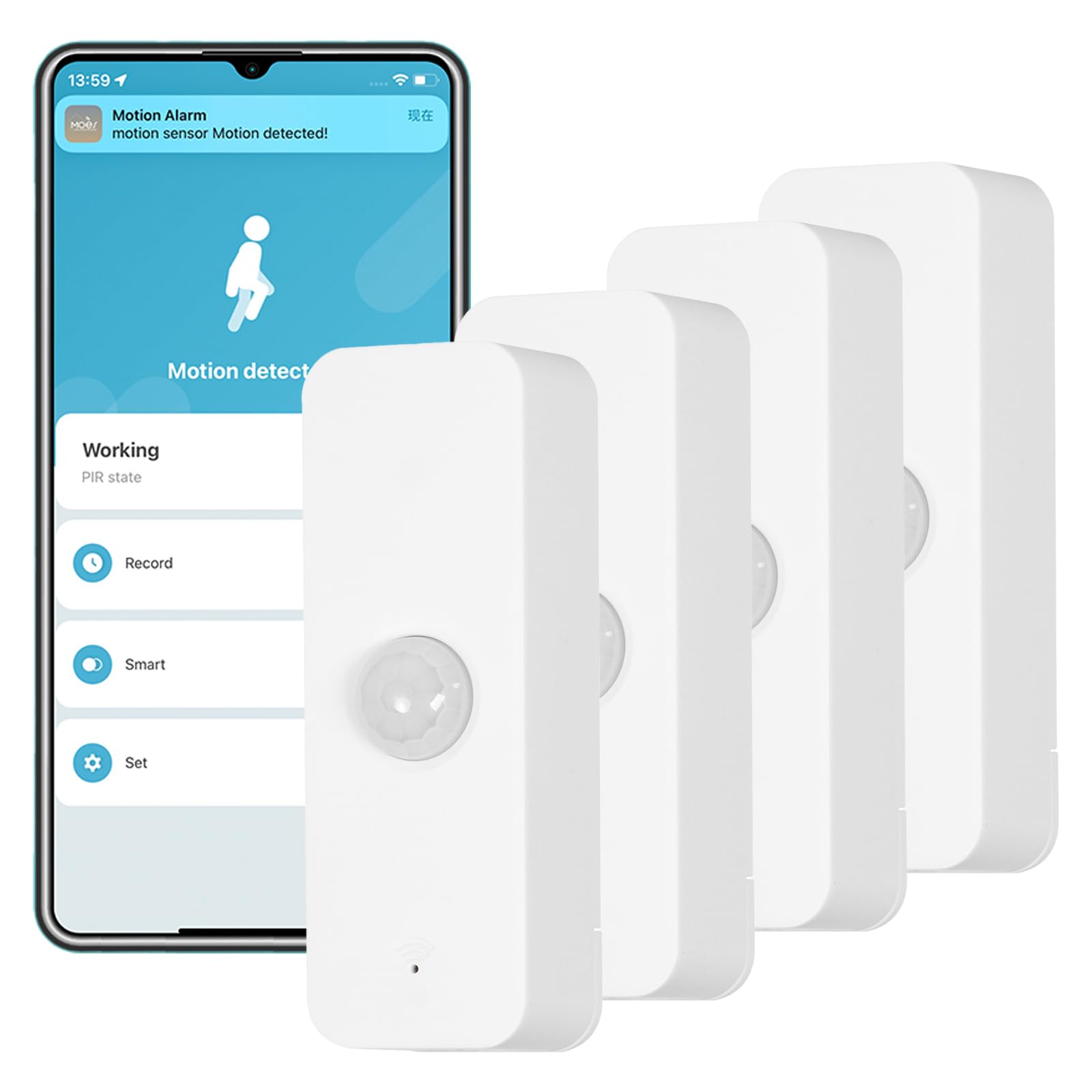 MOES WiFi Bewegungsmelder Kein Hub nötig Smart Life Tuya Alexa 4 Stück | WiFi, Kein Hub nötig, 100° PIR Winkel, Mit Lichtsensor, Smart Life, kein ZigBee