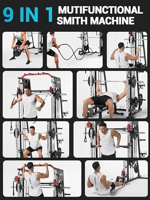 Smith Machine with Cable Crossover System for Home Gym,2200lbs Multi-Function Squat Rack Power Cage,All-in-One Fitness Equipment with LAT Pull-Down & Dual Pulley System & Leg Hold-Down Attachment