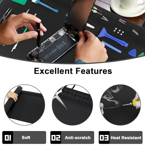 Image of 23.7'' x 13.8'' Extra Large Silicone Soldering Mat with Wrist Strap 932F Heat Resistant Solder Mat Premium Silicone Repair Mat Work Mat for Electronic, Cellphone, Laptop Repair (Black)