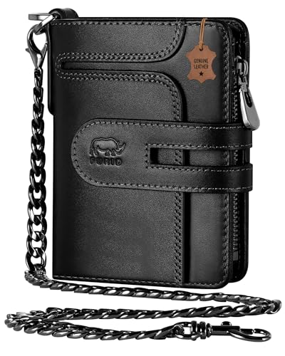 furid Genuine Leather Chain Wallet: RFID Wallet with Anti-Theft Chain, T20_Genuine leather Black, Chain Wallet, Bifold