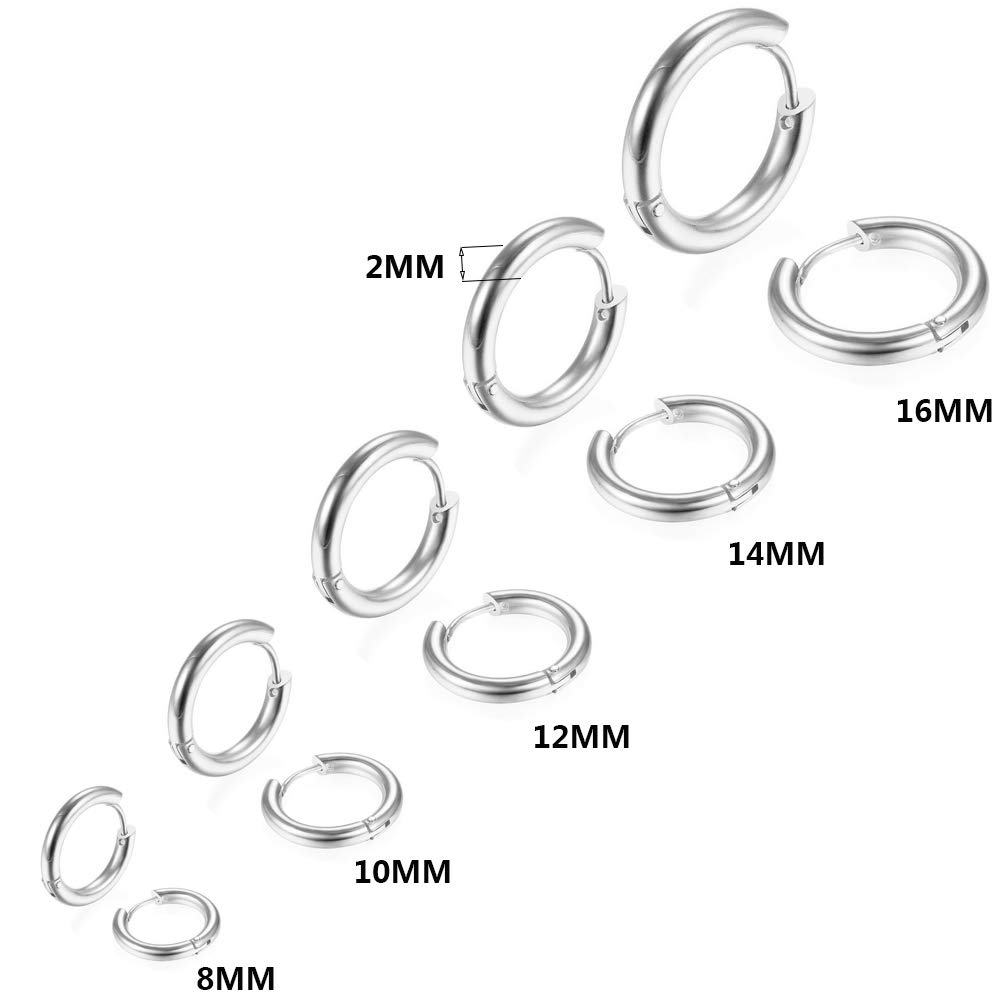 5 paia di orecchini a cerchio in acciaio inox con cerniera argento piccoli cerchi 8-16 mm