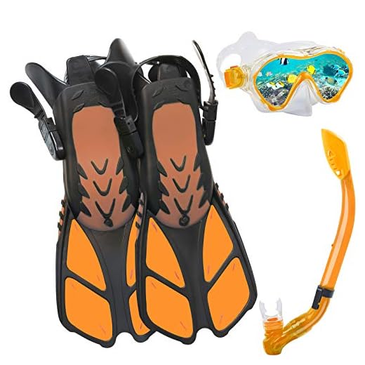 Ertong Children Snorkel Set Kids Scuba Diving Equipment Packages Including Adjustable Swimming Fins/Flippers + Automatic Breathing Tube + Tempered Glass Lens Snorkeling Mask (Oringe)