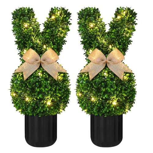 Wavwavw 2 Sets Easter Bunny Topiary Tree Artificial Rabbit Topiary Outdoor Decorations 23.6 in Artificial Bunny-Shaped Tree Faux Boxwood Plant with String Lights for Garden Home Indoor Porch Decor
